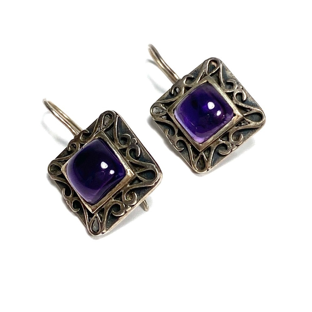 Sterling Silver Amethyst Earrings Vintage Dangles Drops Square Artisan